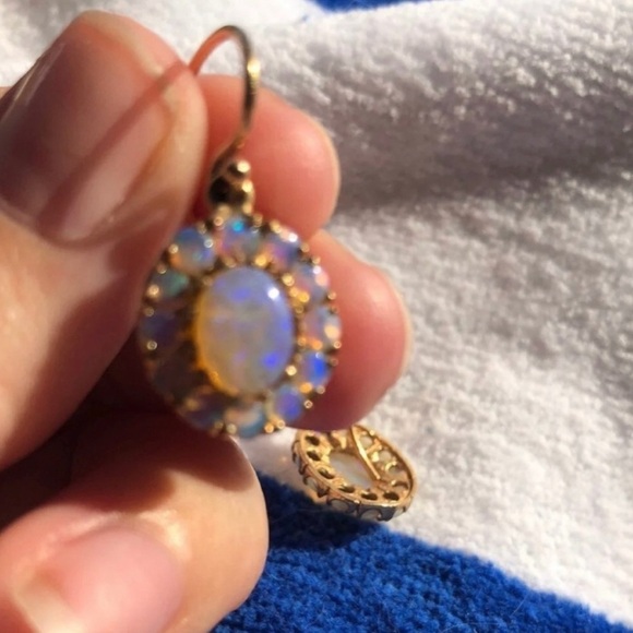 Antique fire opal earrings and pendant with chain 24 kt gold - Picture 4 of 7